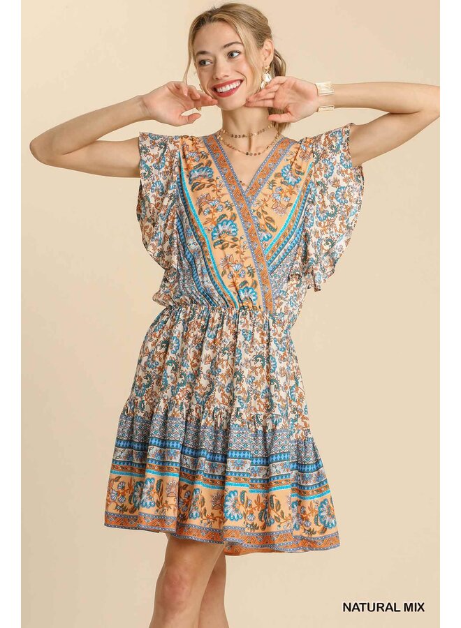 Boho Floral Border Print Dress w/  Cross Front - Natural Print