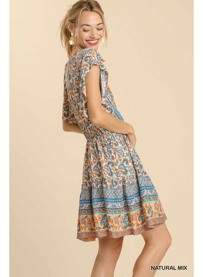 Boho Floral Border Print Dress w/  Cross Front - Natural Print