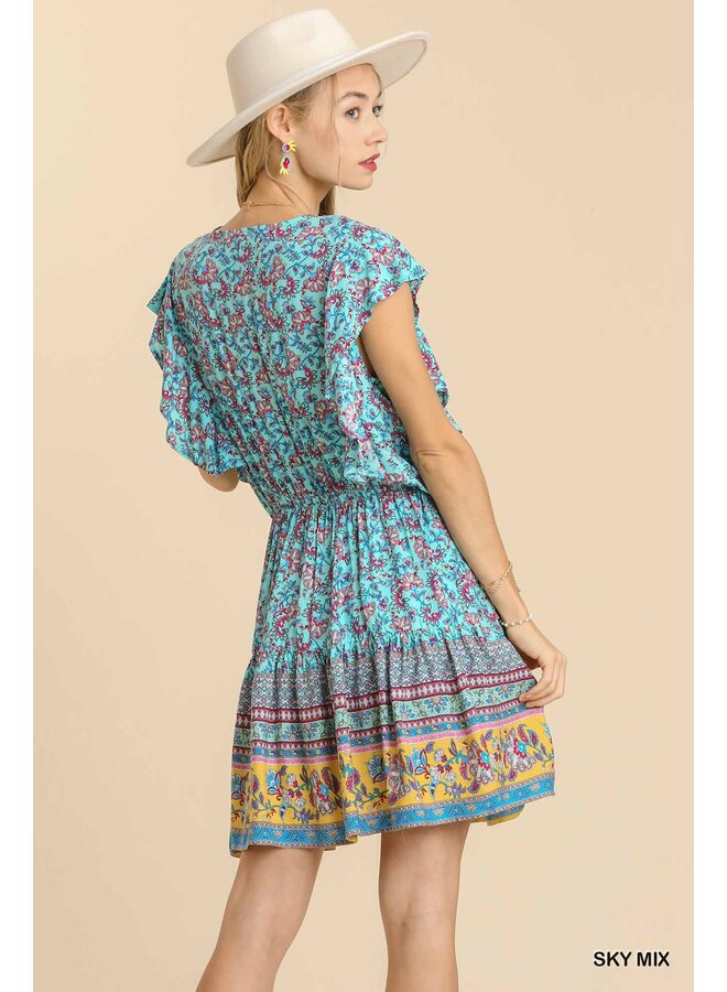 Boho Floral Border Print Dress w/  Cross Front - Sky Blue Print