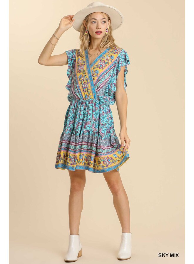 Boho Floral Border Print Dress w/  Cross Front - Sky Blue Print