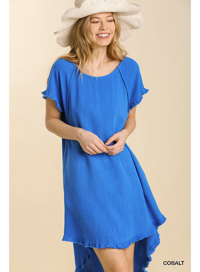 Cobalt Blue Linen Short Sleeve Dress w/ Raw Edges, Hi Lo Hem & Pockets