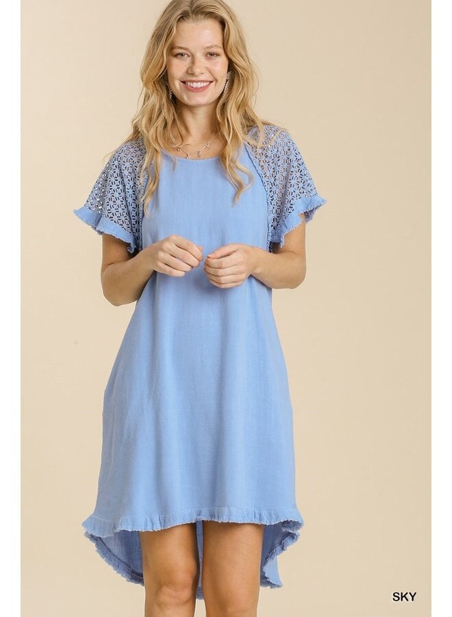 Sky Blue Linen Short Sleeve Dress w/ w/ Crochet Details & Raw Hem
