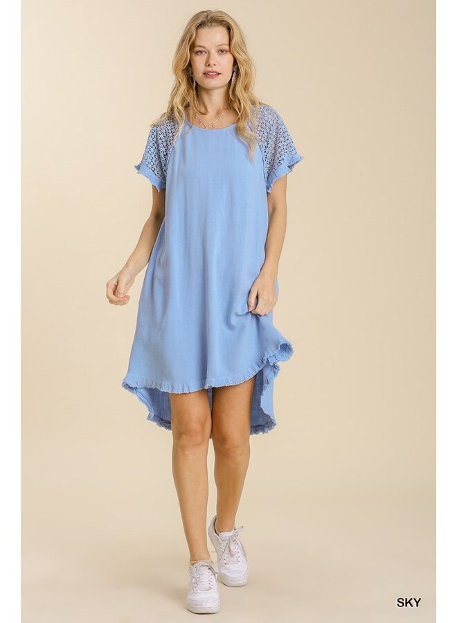 Sky Blue Linen Short Sleeve Dress w/ w/ Crochet Details & Raw Hem