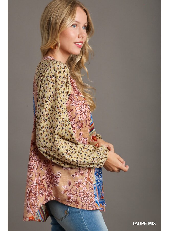 Mixed Print Long Sleeve Top with Front Tie Front - Taupe Mix