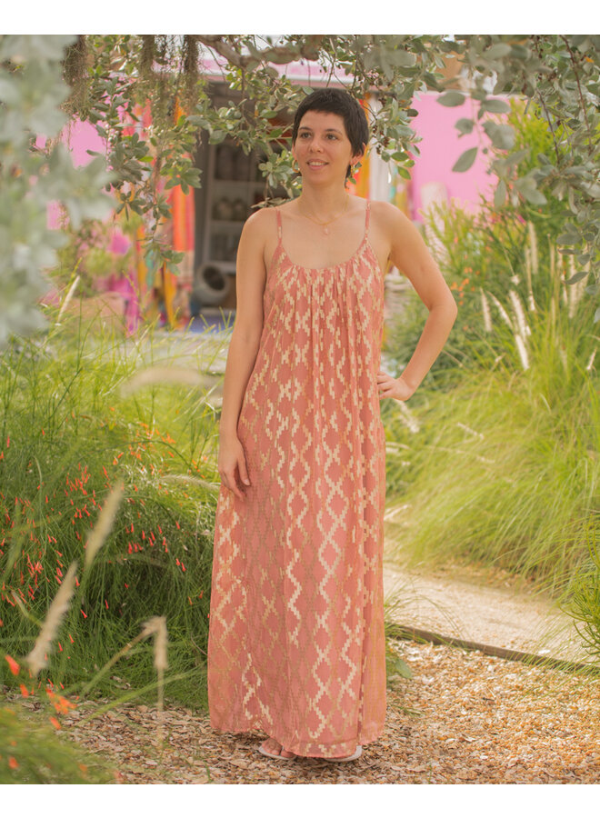 Soft Orange Maxi Dress w/ Rose Gold Metallic Pattern