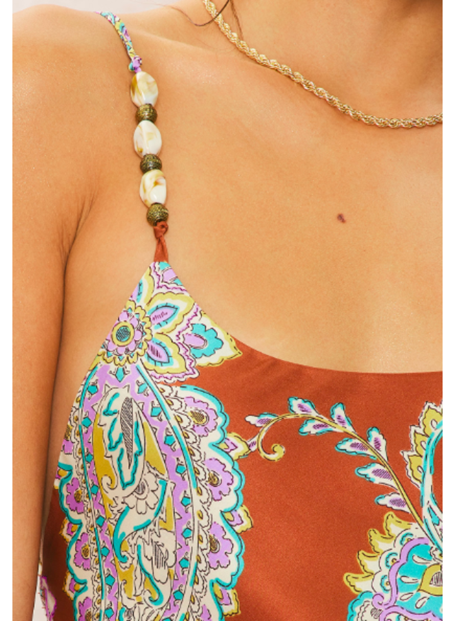 Brown Paisley Satin Maxi Dress w/ Wood Beads & Tie Back