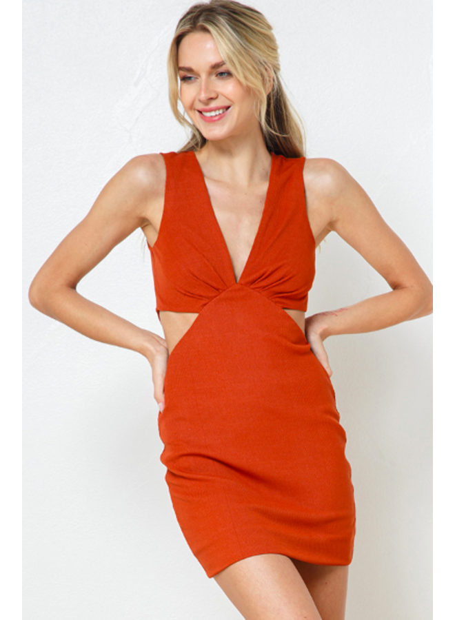 Ribbed Deep V TankDress w/ Cutouts - Rust Orange