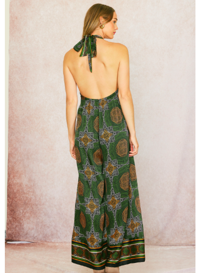 Wide Leg Cross Front Jumpsuit - Olive Green Scarf Print