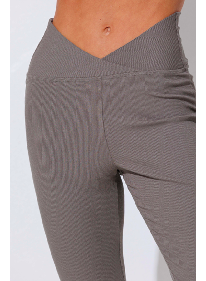 Ribbed Cross Over Stretchy Pants - Olive