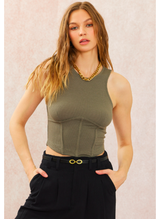 Ribbed Tank w/ Corset Detail - Olive - Miss Monroe Boutique