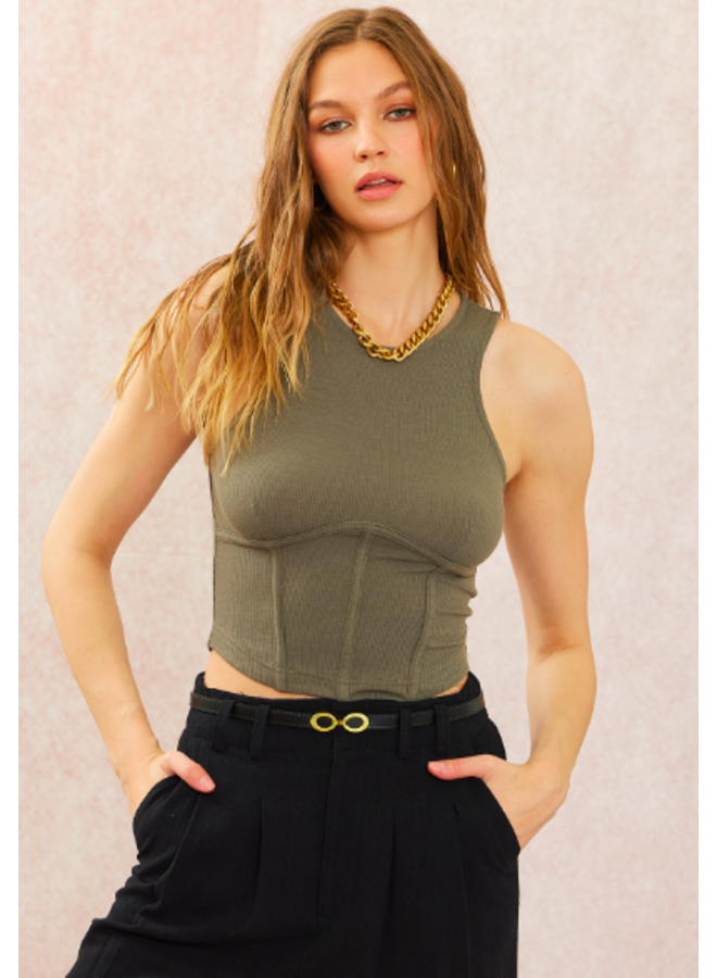 Ribbed Tank w/ Corset Detail - Olive