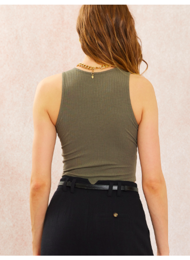 Ribbed Tank w/ Corset Detail - Olive - Miss Monroe Boutique