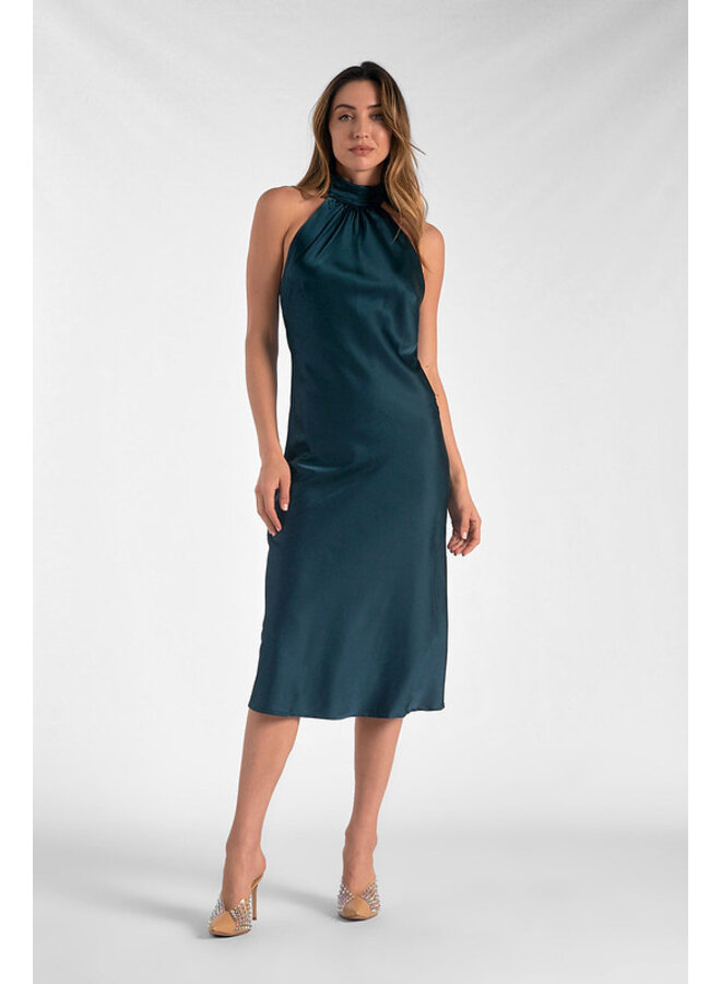 Satin Halter Midi Dress by Elan - Green Pine - Miss Monroe Boutique