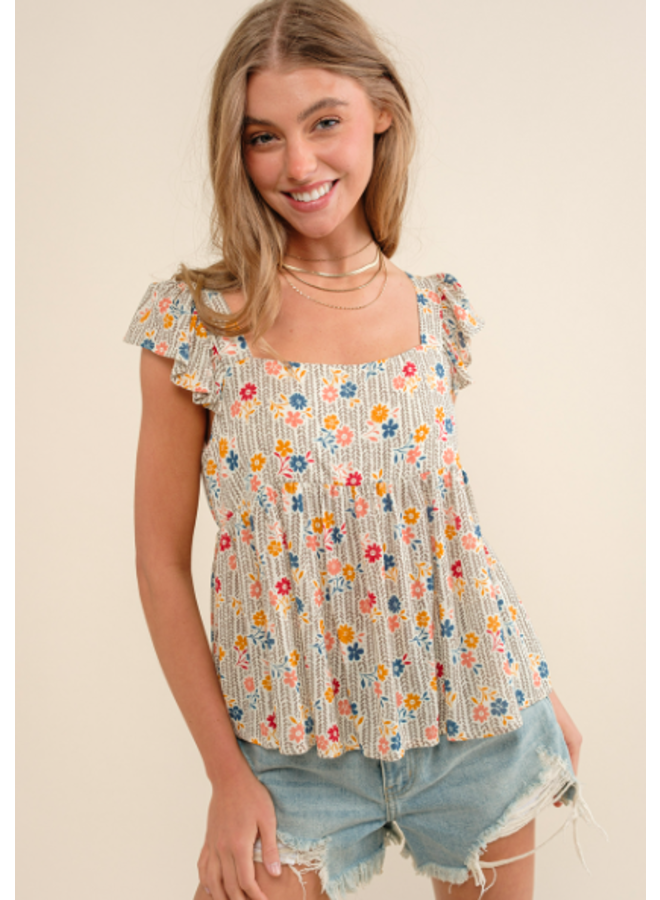 Floral Tank w/ Ruffle Straps - Ivory Floral