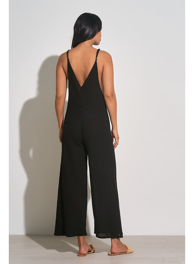 Black Gauze V Neck Jumpsuit w/ Front Pockets by Elan - Black