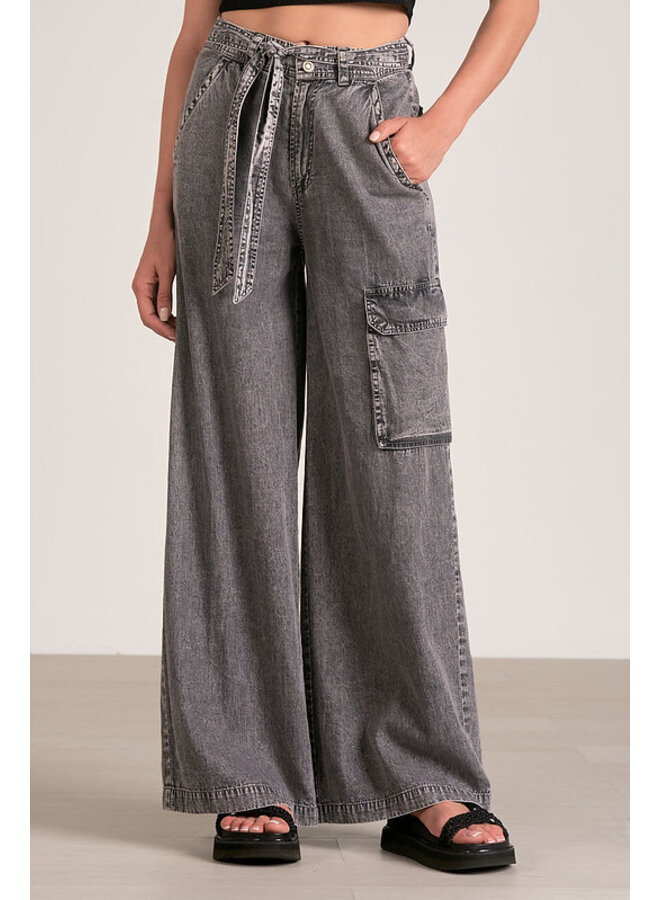 Denim Cargo Pants w/ Belted Tie Waist by Elan - Acid Wash Black Denim -  Miss Monroe Boutique