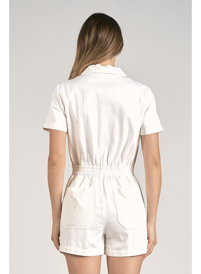 Zip Front Short Sleeve Romper w/ Collar & Pockets by Elan - White