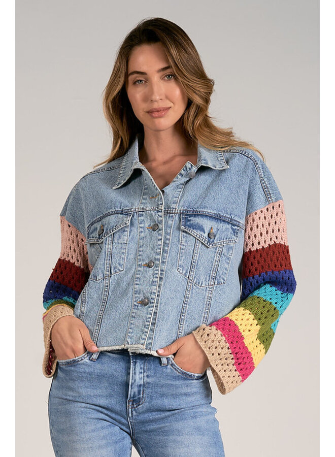 Cropped Jean Jacket w/ Rainbow Stripe Crochet Sleeves - By Elan