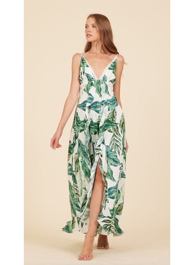 Rainforest Leaf Print Maxi Dress w/ Crochet Trim by Surf Gypsy  -  Green / White