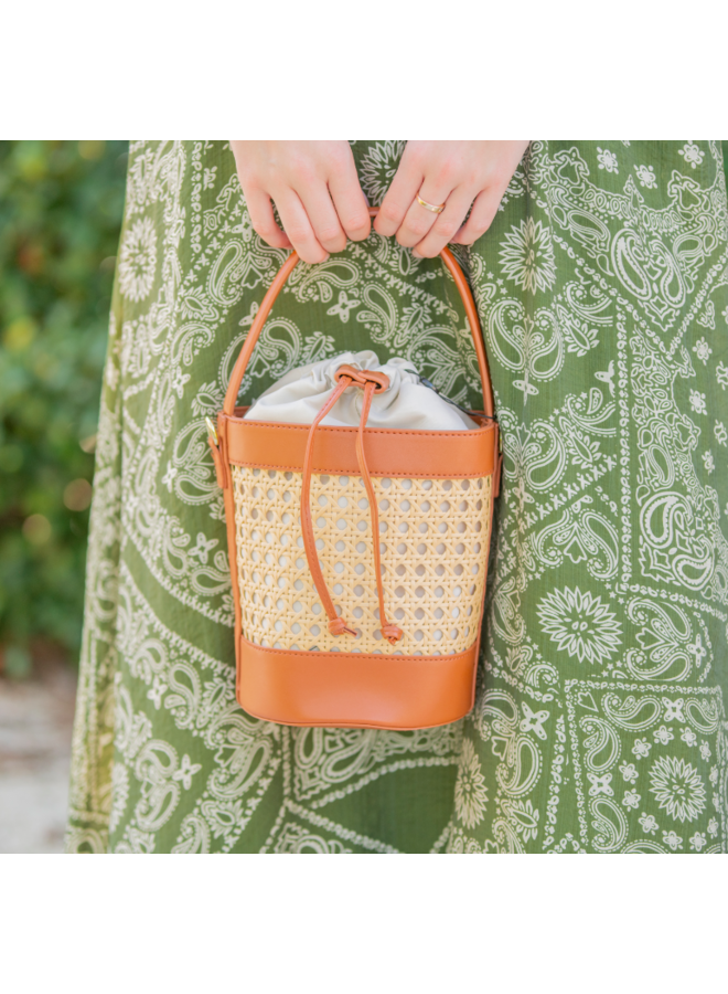 Rattan Bucket Bag Purse - Tan