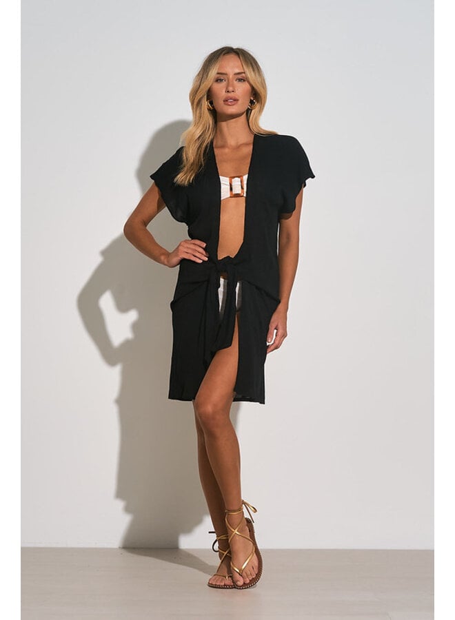 Gauze Tie Front Mid Length Coverup Wrap by Elan - Black