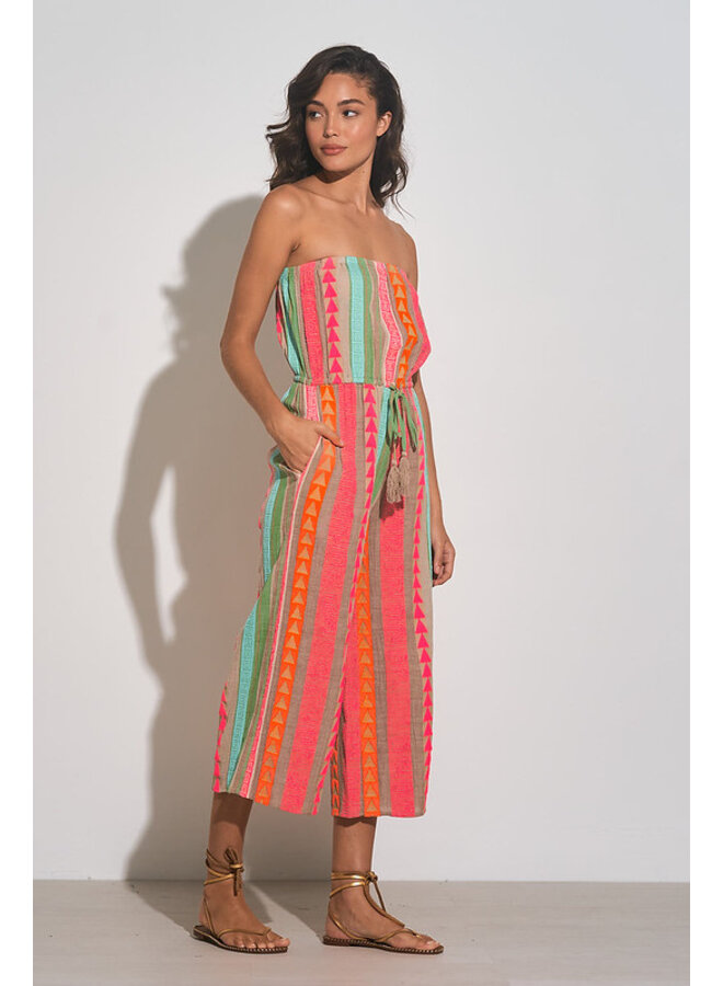 Neon Multi Color Strapless Jumpsuit by Elan - Neon Tribal Print