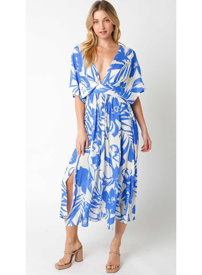 Tropical Print V Neck Midi Dress w/ Side Slits by Olivaceous - Cream and Blue