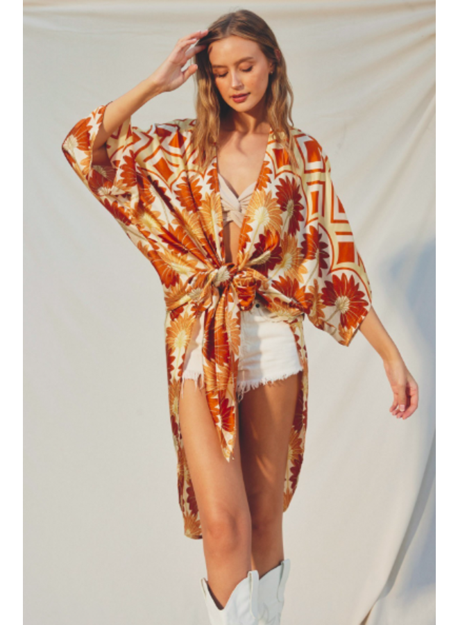 Tropical Palm Print Long  Satin Kimono - Brown Tropical Print
