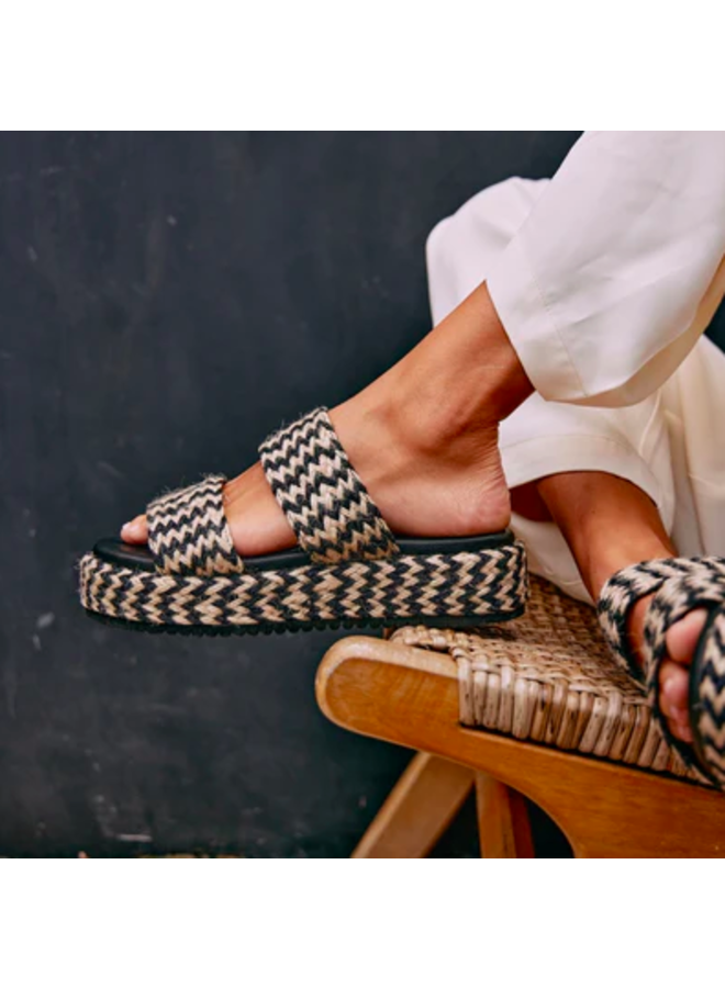 Braided Straw Flatform Slide Sandals - Borderline - Black Tan