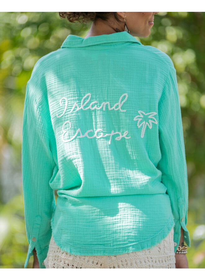Gauze Button Down Shirt w/ 'Island Escape' Embroidery by Vintage Havana  - Green