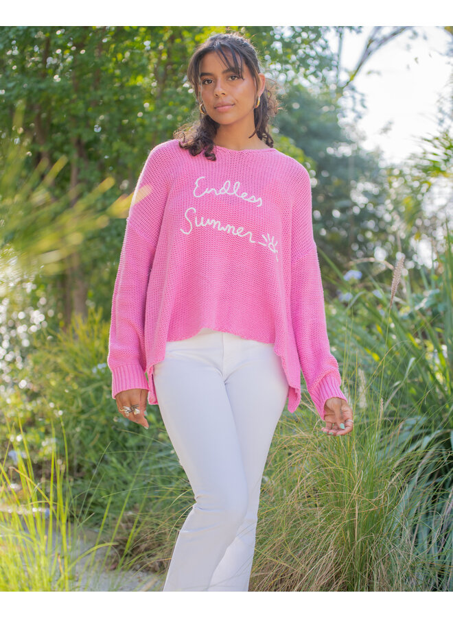 Hot Pink V Neck Sweater w/   'Endless Summer' Embroidery  by Vintage Havana - Hot Pink