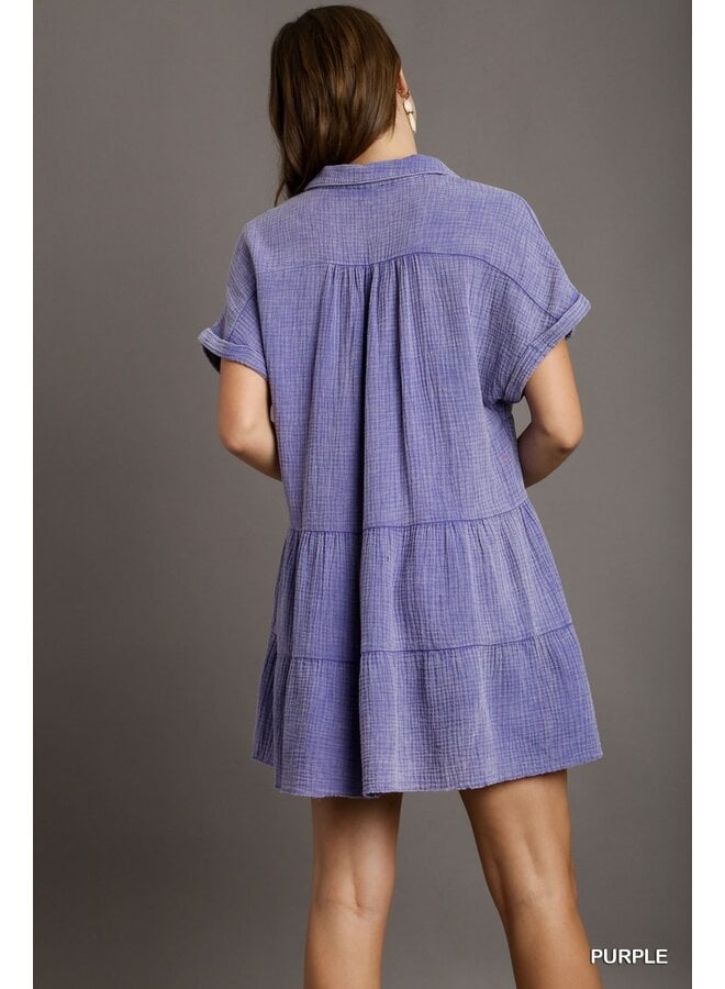 Tiered V Neck Gauze Dress w/ Collar - Purple