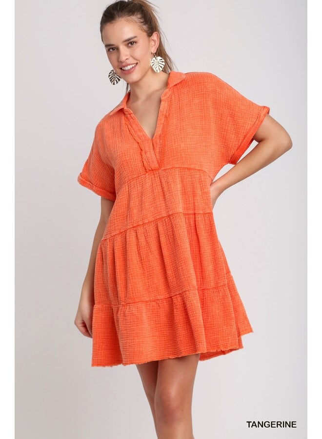 Tiered V Neck Gauze Dress w/ Collar - Tangerine Orange