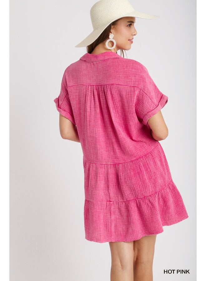 Tiered V Neck Gauze Dress w/ Collar - Hot Pink