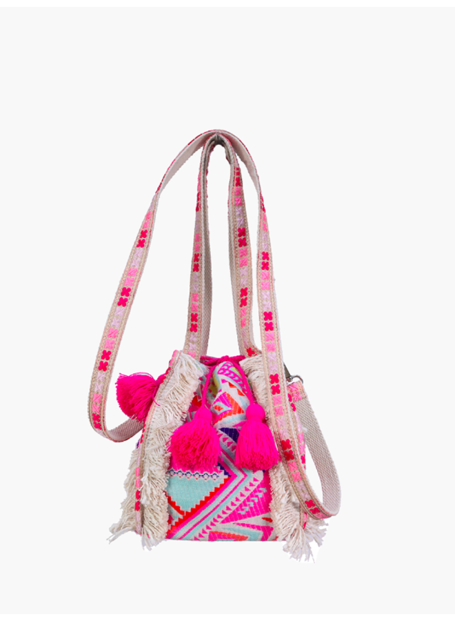 Colorful Woven Tribal Bucket Bag w/ Tassel Trim - Neon Pink