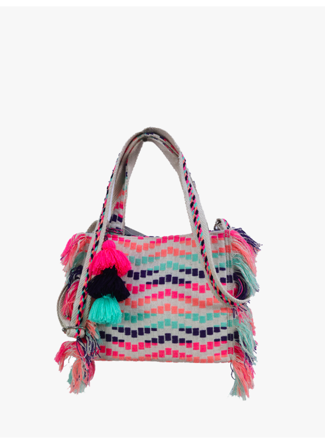 Woven Tapestry Gywneth Fringe Tote Bag - Pink Turquoise
