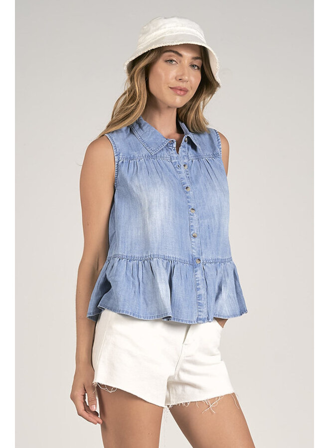 Denim Tiered Button Up Tank w/ Collar by Elan - Light Wash Denim