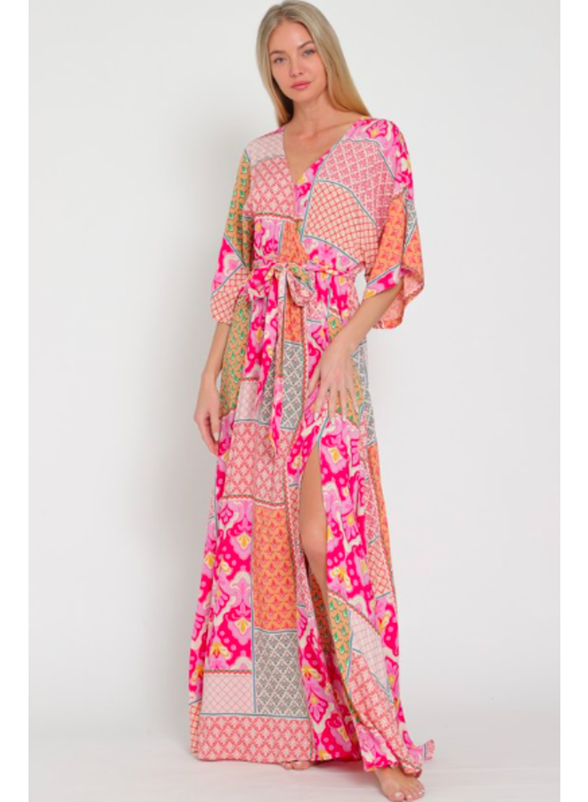 Patchwork Maxi Dress w Kimono Sleeve Hot Pink Orange Fuschia Miss Monroe Boutique