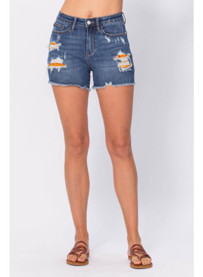 High Rise Denim Printed Pocket Lining Shorts by Judy Blue - Dark Blue Denim