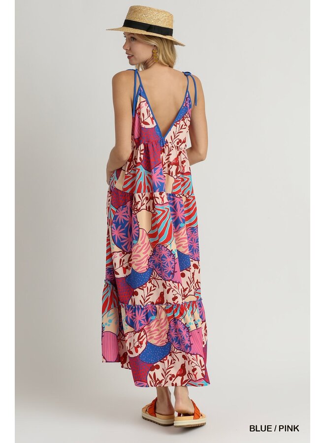 Abstract Tropical V-Neck Spaghetti Strap Maxi Dress - Blue / Pink