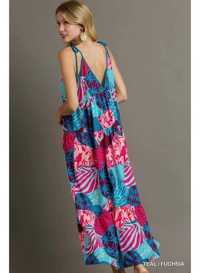 Abstract Tropical V-Neck Spaghetti Strap Maxi Dress - Teal / Fuschia