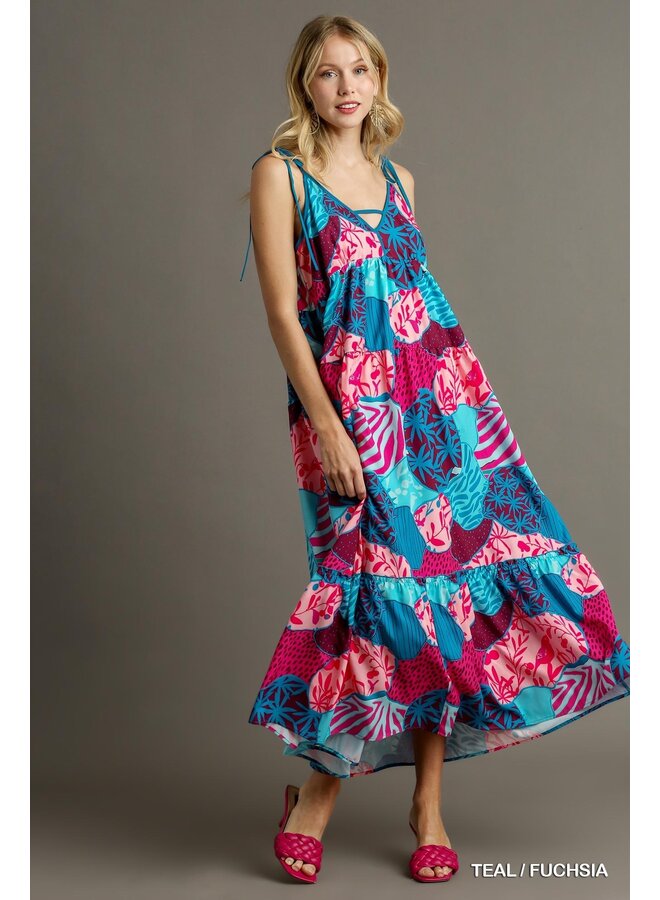 Abstract Tropical V-Neck Spaghetti Strap Maxi Dress - Teal / Fuschia