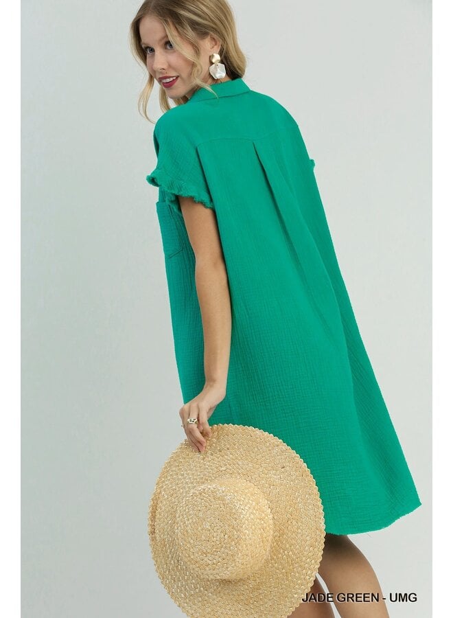 Jade Green Gauze Short Sleeve Button Up Dress w/ Raw Edges