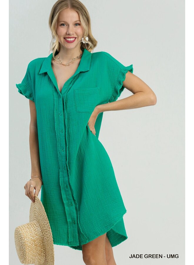 Jade Green Gauze Short Sleeve Button Up Dress w/ Raw Edges