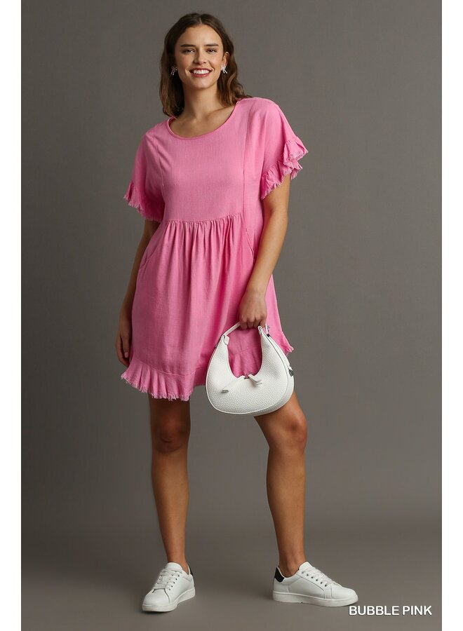 Bubble Pink Linen Short Sleeve Dress w/ Raw Hem & Pockets