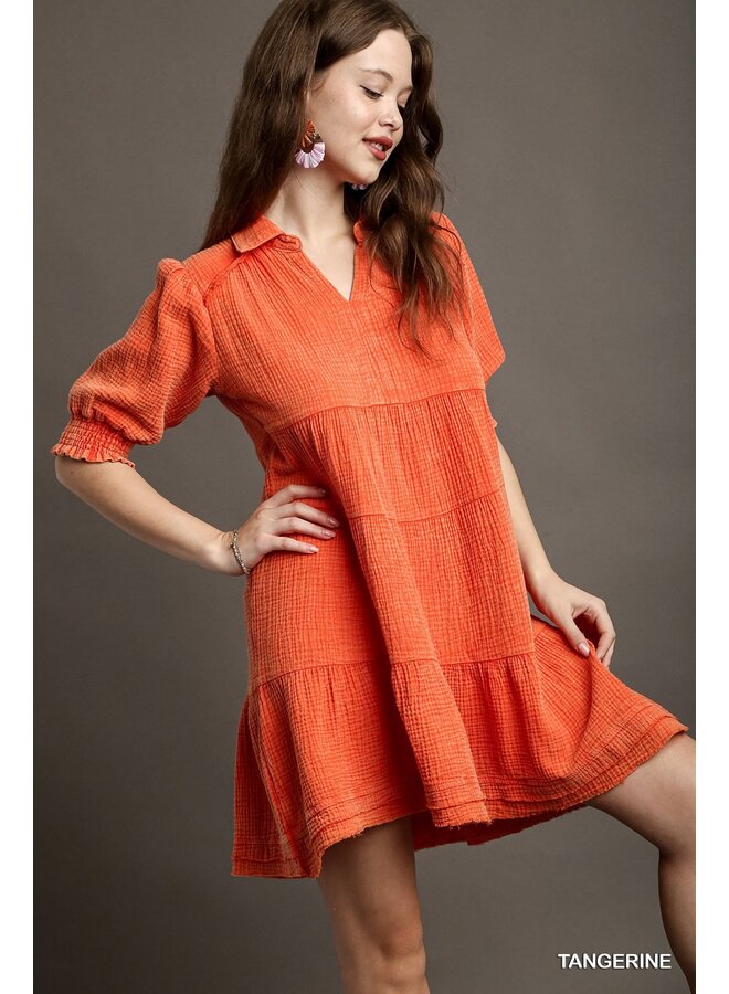 Tiered V Neck Gauze Dress w/ Collar & 3/4 Elastic Cuff Sleeve- Tangerine Orange