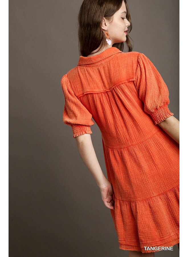 Tiered V Neck Gauze Dress w/ Collar & 3/4 Elastic Cuff Sleeve- Tangerine Orange