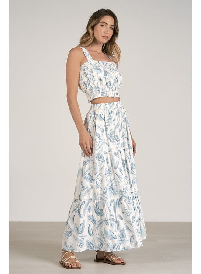 Tiered Maxi Skirt by Elan -  Blue Feather Print