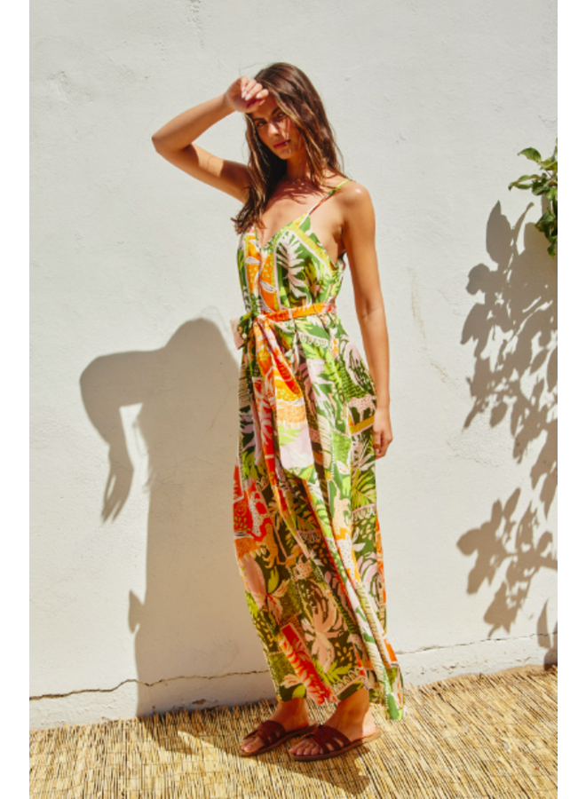 Tropical Print Maxi Dress w/ Spaghetti Straps & Tie Waist- Papaya Green Print