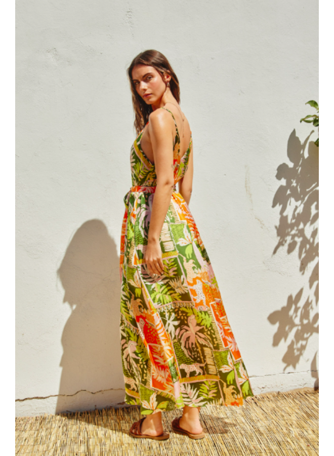 Tropical Print Maxi Dress w/ Spaghetti Straps & Tie Waist- Papaya Green Print